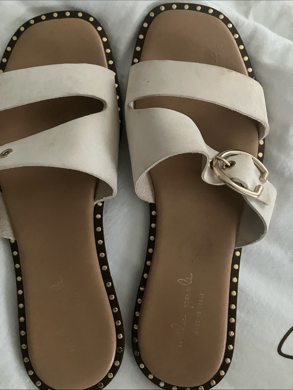 Cream Leather Slide Sandals with Gold Buckle Accent